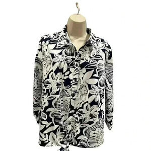 Chico’s Wrinkle Resistant Button Down Tie Front White/Navy Blouse Size 3 NWT